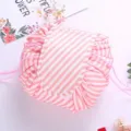 Pink white striped lazy drawstring makeup bag large capacity travel cosmetic storage pouch - Pink Striped