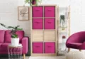 Fabric storage box scene display, pink folding organizer bin inside wooden cube shelf unit - 30x30x15cm / Hot Pink