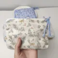 Cute duck print cosmetic bag, portable fabric makeup pouch with cute blue braided zipper pull. - Green Leaf White Goose