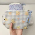 Cute aesthetic plaid cosmetic bag with bow and bear print, portable makeup pouch for travel. - Light Blue Plaid Bear
