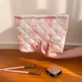 Pink quilted makeup pouch with cute cartoon animal print, large capacity travel bag. - L / Quilted Pink Sweet Dancing Meow - Large