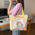 Casual canvas tote bag with cute bear print, large capacity shoulder bag for daily commuting. - Leisurely Companion