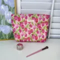 Floral print cotton makeup bag with zip closure, stylish cosmetic pouch for travel. - Tulip Floral
