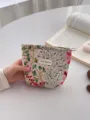 Pink floral woven cosmetic bag, cute portable makeup storage pouch for daily travel use. - S / Cosmos