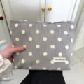Grey corduroy polka dot cosmetic bag, vintage style portable wash and makeup storage pouch. - L / Gray Polka Dot