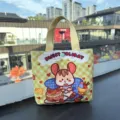 Cute cartoon canvas mini handbag, stylish yellow plaid tote bag with sweet holiday print. - Foodie Mouse