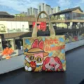 Cute yellow plaid canvas handbag with cartoon rabbit print, mini tote bag for daily use. - Travel Rabbit