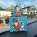 Cute blue checkered canvas tote bag with cartoon design mini handbag for daily use - Love at First Sight