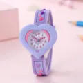 Kids 3D cartoon heart watch with purple silicone strap and clear dial numbers for learning time. - Purple