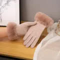 Gants d'hiver chauds pour femmes manchette en fourrure de lapin mignons tactiles coupe-vent doux - Taille unique / Gants à Doigts / Kaki
