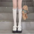 Summer sweet white lace ruffles calf socks JK girls cute bow college style long hosiery - One Size / Pink Calf Socks