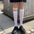 Japanese JK white knee-high socks for women, thin velvet long stockings with garter design. - 40cm Silicone Style / Black