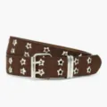 Cintura in pelle scamosciata marrone stile punk con occhielli a stella e fibbia a doppio ardiglione. - 107*3.3cm / Caffè