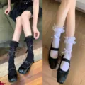 Sweet Lolita lace ruffle mid-calf socks with cute bows, breathable thin mesh variant. - One Size / 2 Pairs Pack / White+Black 2 Pairs