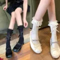 Japanese sweet lace frill mid-tube socks with black and white bow options for Lolita style. - One Size / 2 Pairs Pack / Black and Beige 2 Pairs Pack