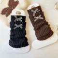 Jambieres tricotees enfants hiver joli noeud thermique mollet chaussettes retro filles - Taille unique / Lot de 2 / Noir + Marron