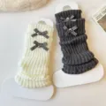 Jambieres tricotées enfants noeud mignon vintage hiver chaud chaussettes mollet mode - Taille unique / Lot de 2 / Blanc + Gris