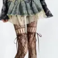 Brown lace fishnet tights Y2K hollow pantyhose with stylish ribbon bow for women. - Coffee