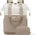 Damen große Kapazität Laptop Rucksack Set mit Kosmetiktasche, stylische Reise Schultasche - Große Größe Zweiteiliges Set / Cremeweiß Und Braun