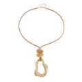 Irregular geometric hollow pendant necklace with marbled beads and adjustable suede cord - ZW158 Style / Brown & Gold