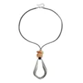 Black cord necklace with irregular geometric silver pendant and marbled stone beads. - ZW192 Style / Brown & Silver