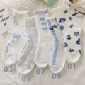 Chaussettes nœud bleu blanc femme mi-tige doux volants été fin respirant jolies chaussettes - Taille unique / Style Nœud Bleu Japonais 1-2-3-7-9