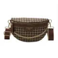 Bolso de pecho vintage pata de gallo para mujer, elegante riñonera cruzada con cadena. - Marrón Pie de Gallo