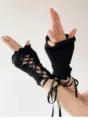 Guanti senza dita in maglia nera con nastro, stile balletcore chic e alla moda. - Taglia unica / Modello corto / Nero