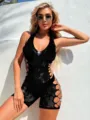 Sexy black mesh rhinestone cut-out bodysuit lingerie for women evening clubwear outfit. - One Size / Black