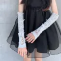 Manicotti in pizzo bianco stile lolita sweet cool con nastro allacciato lunghi per donna - Taglia unica / Modello lungo / Bianco