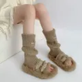 Knitted leg warmers paired with cozy fuzzy slippers, thick winter thermal knitwear detail. - 1 Pair / Brown