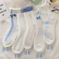 Été japonais doux nœud chaussettes mi-hautes respirant mince blanc bleu coton mignon - Taille unique / Style Nœud Bleu Japonais 3-4-6-9-10
