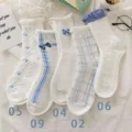 Chaussettes nœud bleu blanc femme mi-tige ins tendance doux été respirant dentelle longues chaussettes - Taille unique / Style Nœud Bleu Japonais 2-4-5-6-9