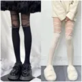 Damen Fake-Overknee Strumpfhose, Schleife Schnürung transparente Feinstrumpfhose schwarz weiß. - Einheitsgröße / 2er Pack / Schwarz + Weiß