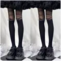 Schwarze transparente Strumpfhose mit Band-Trägern und schöne Schleife, Lolita Plateauschuhe Variante. - Einheitsgröße / 2er Pack / Schwarz