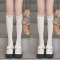 Japanese JK cute lace ruffle white knee high socks with lolita Mary Jane shoes, variant pair. - One Size / Pink and White (2 Pairs)