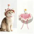 Handmade crochet pet hat with cute flower and pink ruffles, perfect for cats and small dogs. - S / Pink