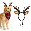 Kerst hond rendier gewei hoofdband en rode geruite bandana huisdier feestelijk kostuum set. - Grote Zwarte Haarband Gevlekte Gewei