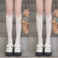 White JK Lolita lace-trim knee-high socks with sweet bowknot for women, summer thin style. - One Size / Pink and Blue (2 Pairs)
