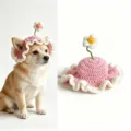 Handmade crochet pet hat with cute flower design, perfect pink and white cat and dog headwear. - L / Pink