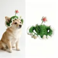 Cute handmade crochet pet hat with flower design, green and white dog cat sun bonnet cap. - L / Green