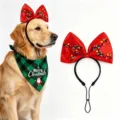 Kerst huisdier hond haarband en bandana set met rode pailletten strik en groen. - Rode Grote Strik