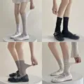 Calzini in cotone cavo traspirante ultra sottile calzini impilati dolci solidi - Taglia unica / Confezione da 2 Paia / Bianco + Nero