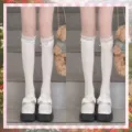 Japanese JK sweet lace white Lolita knee high socks and Mary Jane shoes for women summer thin - One Size / White and Blue (2 Pairs)