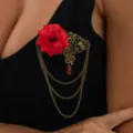 Vintage steampunk red rose brooch pin with skull metal chains and crystal pendant jewelry. - 0452K1 / Bronze