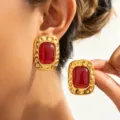Retro 18K gold hammered stainless steel rectangle red stone stud earrings for women vintage - Square Red Gemstone Style (4213AG) / Gold And Red