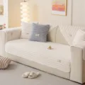Thickened plush sofa cover in solid beige, soft ribbed design variant for autumn and winter home decor. - 70*70 / White