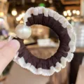 Brown ruffle hair scrunchie with large pearl, elegant lace hair tie for women daily styling. - Brown