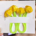 Neon yellow faceted flower hair ties with green elastic rope, cute kids hair accessories. - Yellow