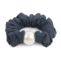 Elegant dark grey fabric hair scrunchie featuring a large central white pearl accent. - Grey Blue